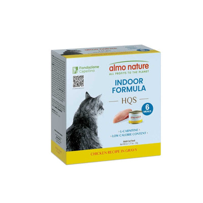 Front view of Almo Nature Indoor Formula HQS chicken recipe in gravy cat food box with six meals.
