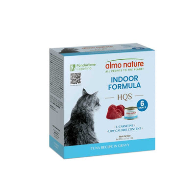 Front view of Almo Nature Indoor Formula HQS tuna recipe in gravy cat food, 6 meals, blue and white packaging.