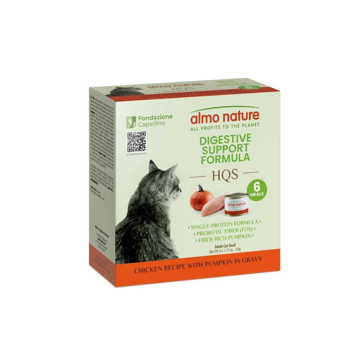 Front view of Almo Nature cat food box with chicken recipe, pumpkin, and six meals labeled.