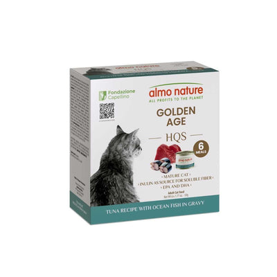 Front view of Almo Nature Golden Age HQS cat food box with tuna and ocean fish in gravy, 6 meals.