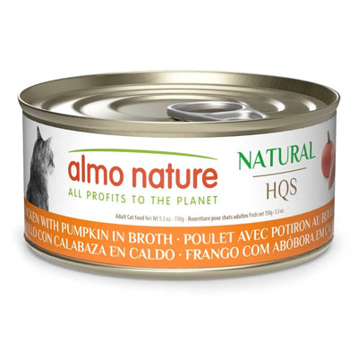 Front view of Almo Nature Natural HQS cat food can with chicken and pumpkin in broth, 5.3 oz.