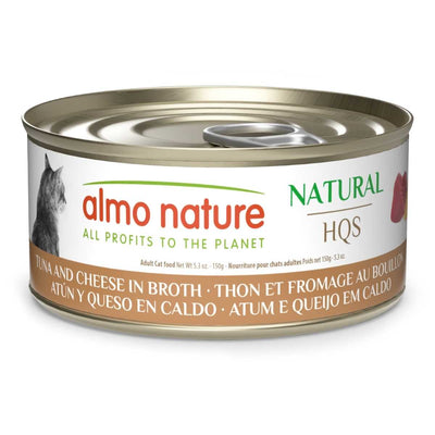 Front view of a packaged Almo Nature cat food can with tuna and cheese in broth flavor, 5.3 oz size.