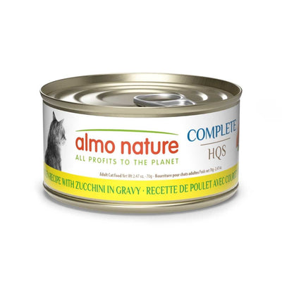 Front view of a packaged Almo Nature cat food can with yellow label showing chicken and zucchini flavor.