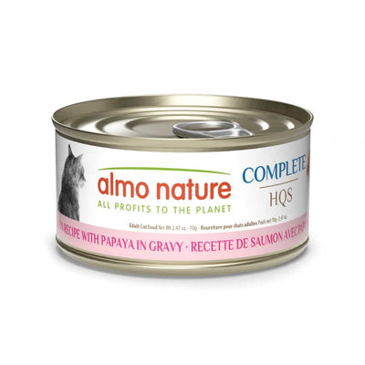 Front view of a packaged Almo Nature cat food can with salmon and papaya in gravy.