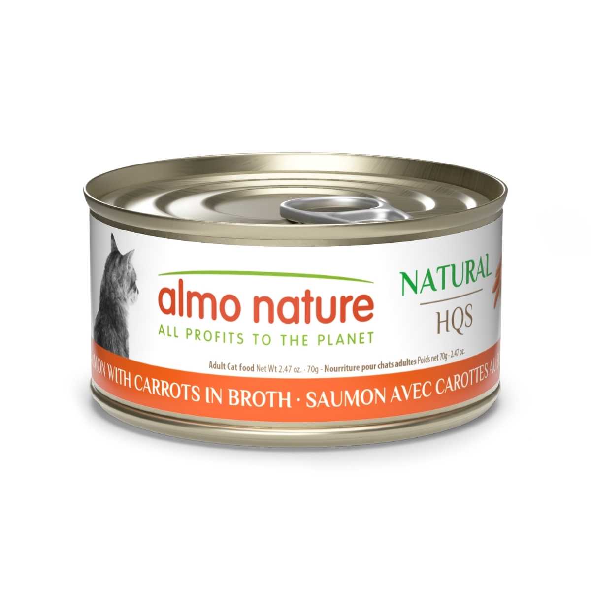 Front view of a packaged Almo Nature cat food can with salmon and carrots in broth flavor, 2.47 oz size.