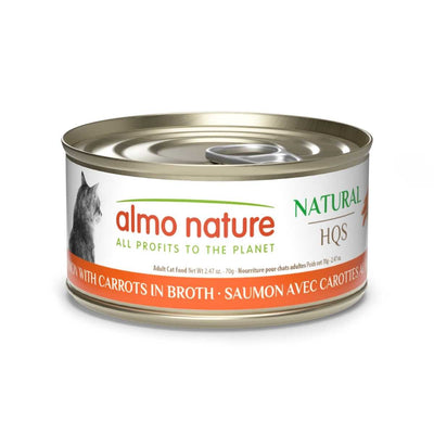 Front view of a packaged Almo Nature cat food can with salmon and carrots in broth flavor, 2.47 oz size.