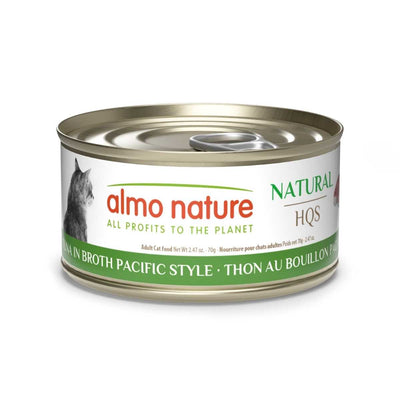 Front view of a packaged Almo Nature cat food can with green and white label, showing "Natural HQS" and "Tuna in Broth Pacific Style".