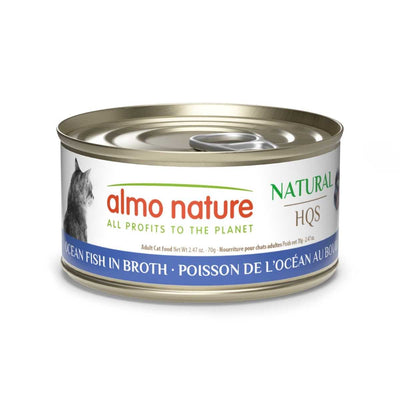 Front view of Almo Nature Natural HQS cat food can with ocean fish in broth flavor, 2.47 oz size.
