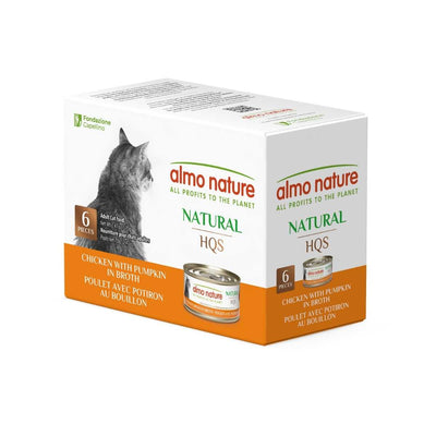 Packaged product: Almo Nature Natural HQS cat food, 6 pieces of chicken with pumpkin in broth, orange and white box.