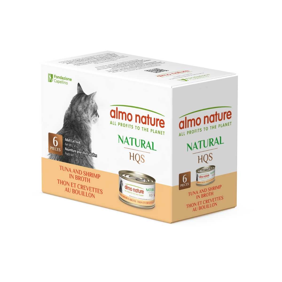 Packaged product: Almo Nature Natural HQS cat food box with six 2.47 oz cans of tuna and shrimp in broth.