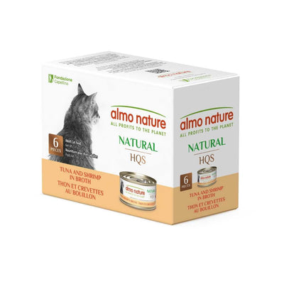 Packaged product: Almo Nature Natural HQS cat food box with six 2.47 oz cans of tuna and shrimp in broth.