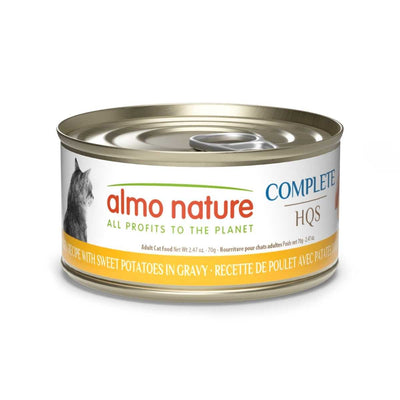 Front view of Almo Nature Complete HQS cat food can with chicken and sweet potatoes in gravy.