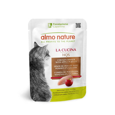 Front view of Almo Nature La Cucina HQS chicken dinner with apple in jelly pouch for adult cats