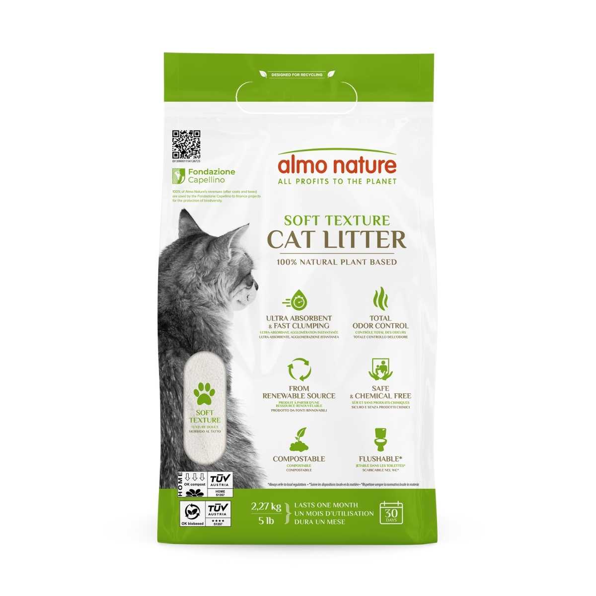 Front view of a green and white packaged Almo Nature cat litter bag with a cat image.
