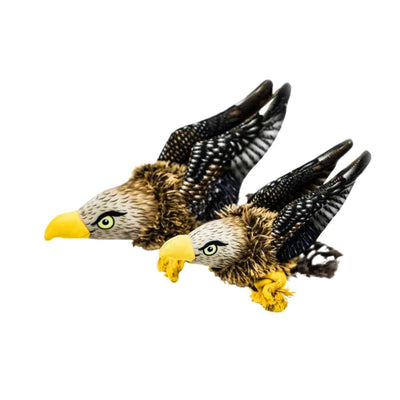 Two plush hawk toys with yellow beaks, brown and black wings, and yellow feet in a side view