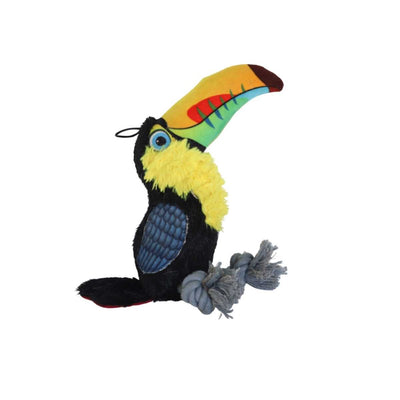 Steel Dog Ruffian Toucan plush toy with colorful beak, yellow chest, blue wing, and gray tassels on feet.