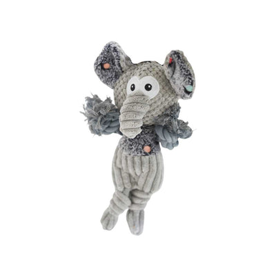 Front view of a gray knitted elephant plush toy with large ears and a trunk.