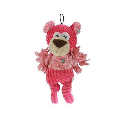 Pink crocheted bear plush toy with fringed arms, brown nose, and black hanging loop, front view.