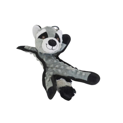 Steel Dog Bumpies Raccoon plush toy with gray, black, and white fur, smiling face, and a metal ring on top