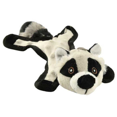 Close-up of a plush raccoon toy with black and white fur, brown eyes, and a black nose.