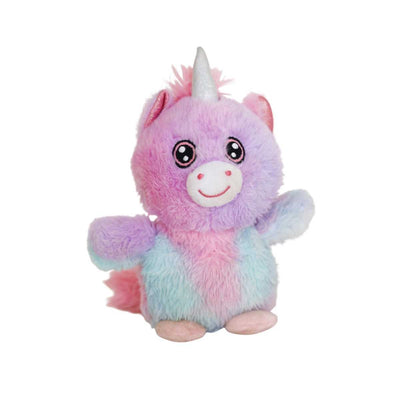 Front view of a plush unicorn toy with pink, purple, and blue fur, a silver horn, and pink ears.