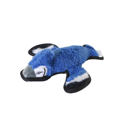 Close-up of a blue plush bird toy with black and white accents, featuring a gray beak and embroidered eye.