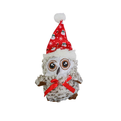 Front view of a plush owl wearing a red Santa hat with snowmen and snowflakes, and a red ribbon around its neck.
