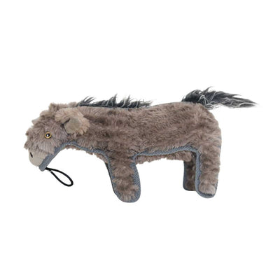 Steel Dog Hoofers Donkey plush toy with gray fur, blue accents, and a black loop handle, side view