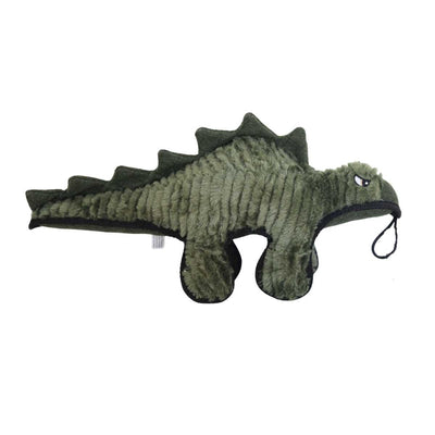Steel Dog Dinos Stegosaurus plush toy, green with black accents, front view, close-up