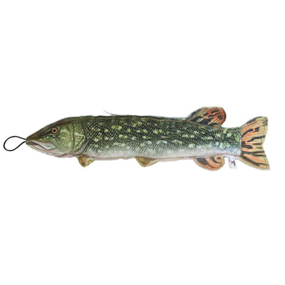 Steel Dog Freshwater Fish Northern plush toy with green and yellow spotted pattern, front view, side profile