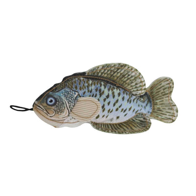 Steel Dog Denim Fish Crappie plush toy with a black loop on the head, side view.