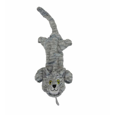 Grey plush cat toy with yellow eyes, lying on its back, front view.