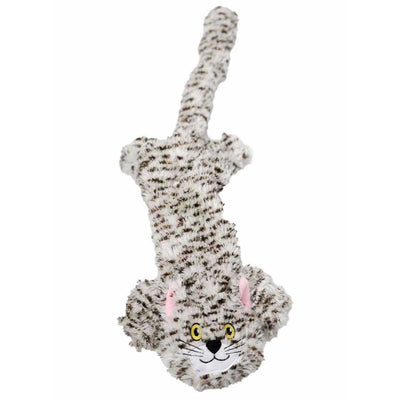 Frosted Steel Dog Flat Cat plush toy with white and brown spotted fur, pink ears, yellow eyes, and a smiling face.