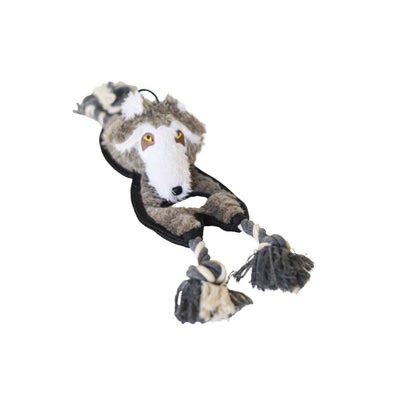 Steel Dog Flat Tugger Wolf plush toy with gray and white fur, yellow eyes, and rope tassels attached to its limbs.