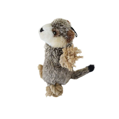 Steel Dog Roper Gopher plush toy with brown and gray fur, white muzzle, black nose, and tan rope toy in its paws.