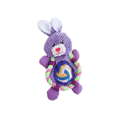 Front view of a purple crocheted bunny plush toy with a colorful volleyball design on its chest.