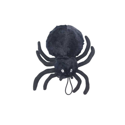 Black plush spider toy with eight legs, white eyes, and a looped string, front view close-up