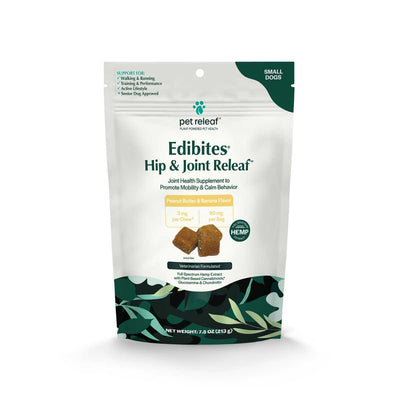 Front view of a packaged product: Pet Releaf Edibites Hip & Joint Releaf Peanut Butter & Banana Flavor chews for small dogs.