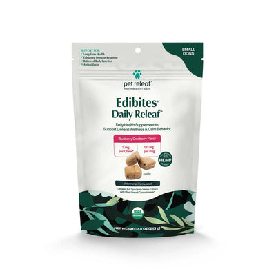 Packaged product: Pet Releaf Edibites Daily Releaf blueberry cranberry flavor chews for small dogs, 7.5 oz bag