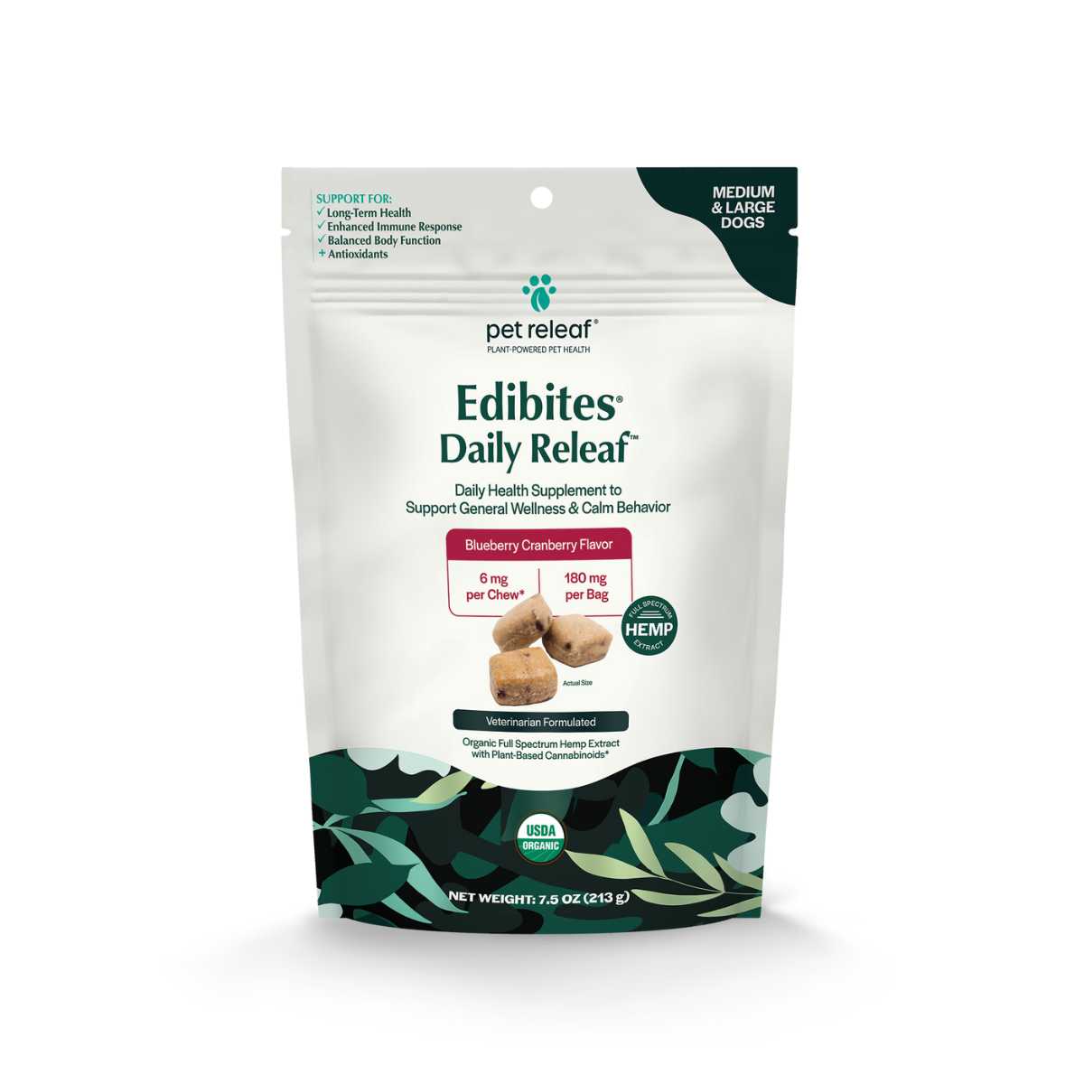 Pet Releaf Edibites Daily Releaf-Organic Blueberry/Cranberry 6 mg Chews for Large Dogs-7.5 oz Bag