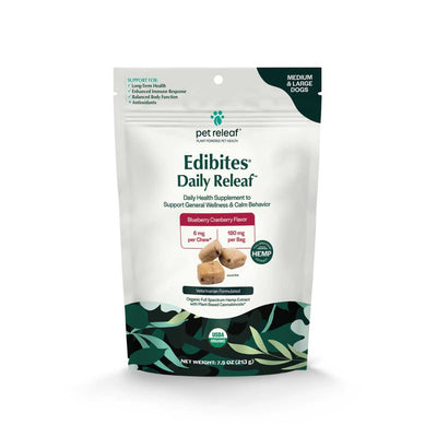 Packaged product: Pet Releaf Edibites Daily Releaf blueberry cranberry flavor chews for medium and large dogs, 7.5 oz bag.