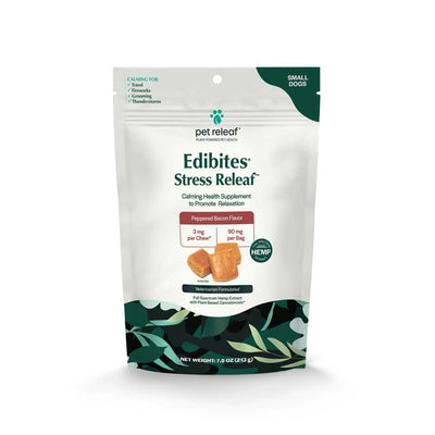 Front view of a packaged product: Pet Releaf Edibites Stress Relief Peppered Bacon Flavor chews for small dogs, 7.5 oz bag.