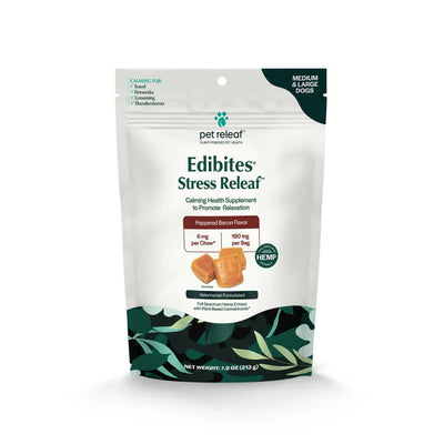 Front view of a packaged product: Pet Releaf Edibites Stress Relief Peppercorn Bacon Flavor chews for medium and large dogs.