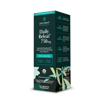 Packaged product: Pet Releaf Daily Releaf 750 mg hemp oil bottle for extra large dogs, 1 fl oz (30mL), dark green with teal accents.