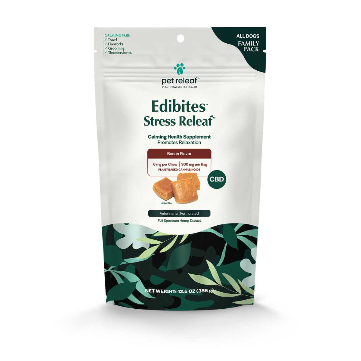 Pet Releaf Edibites Stress Releaf- Peppered Bacon 6 mg Chews Family Size 12.5 oz Bag