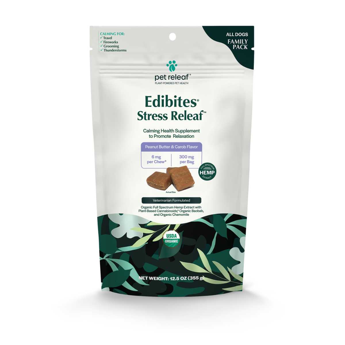 Pet Releaf Edibites Stress Releaf-Organic PB/Carob 6 mg Chews-Family Size-12.5 oz Bag