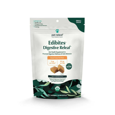 Front view of a packaged product: Pet Releaf Edibites Digestive Releaf Sweet Potato Pie Flavor chews for small dogs, 7.5 oz bag.