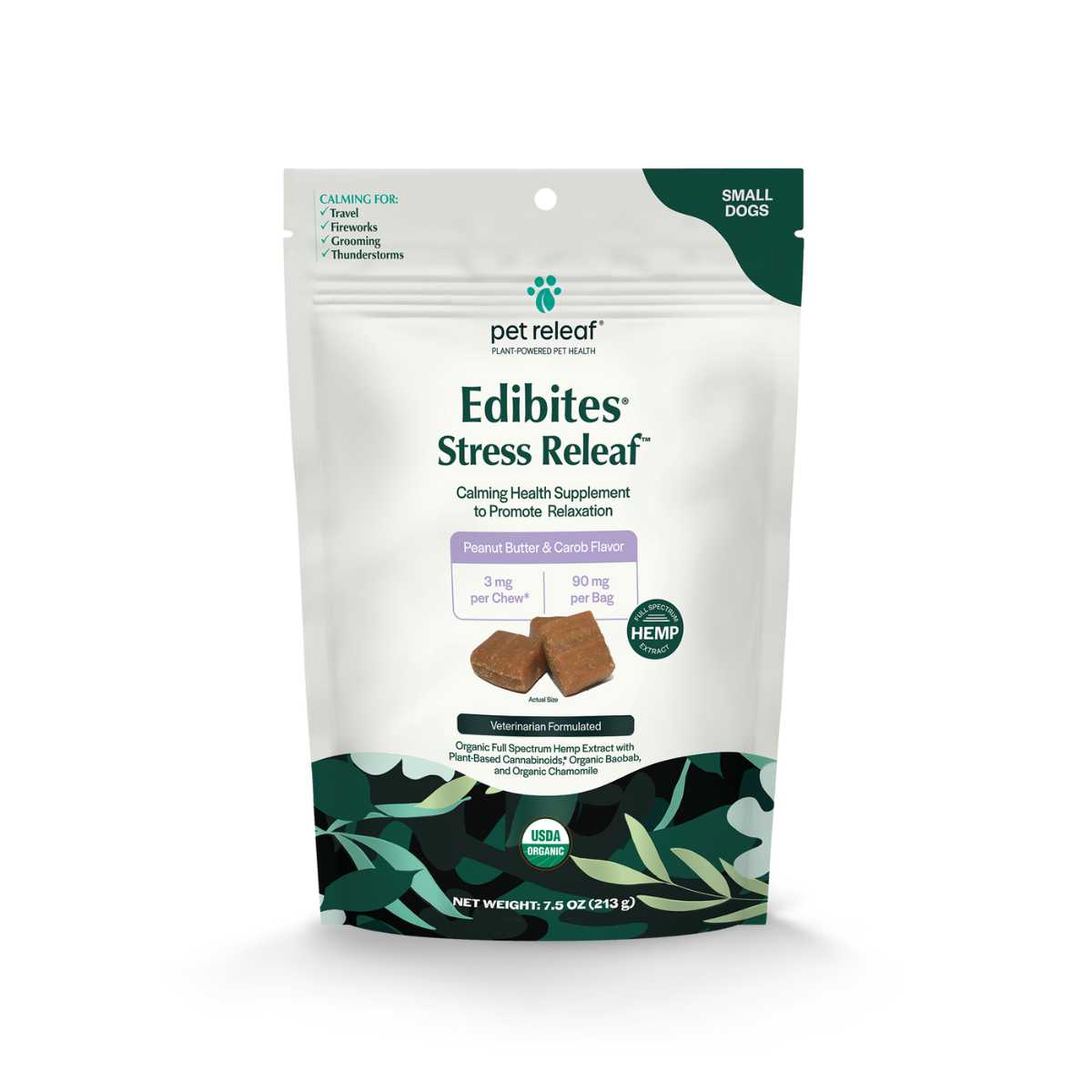 Pet Releaf Edibites Stress Releaf-Organic PB/Carob 3 mg Chews for Small Dogs-7.5 oz Bag