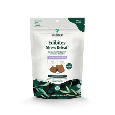 Front view of a packaged product: Pet Releaf Edibites Stress Relief Peanut Butter & Carob Flavor chews for small dogs.