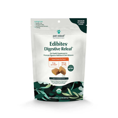 Front view of a packaged product: Pet Releaf Edibites Digestive Releaf Sweet Potato Pie Flavor chews for medium and large dogs.